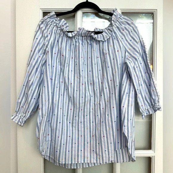 Sara Campbell Popover Off The Shoulders Blue White Stripe Cotton Blouse Size L - Picture 3 of 13